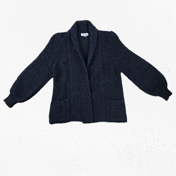 1980s Black Boucle Knit Shawl Cardigan Minimalist Wool Blend Jacket Size Small - Picture 2 of 7
